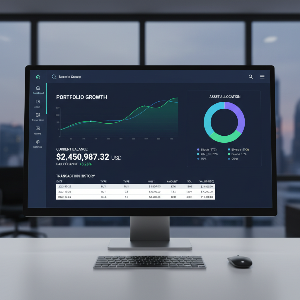Professional portfolio management dashboard showing real-time gold asset tracking with interactive charts, transaction history, and yield calculations
